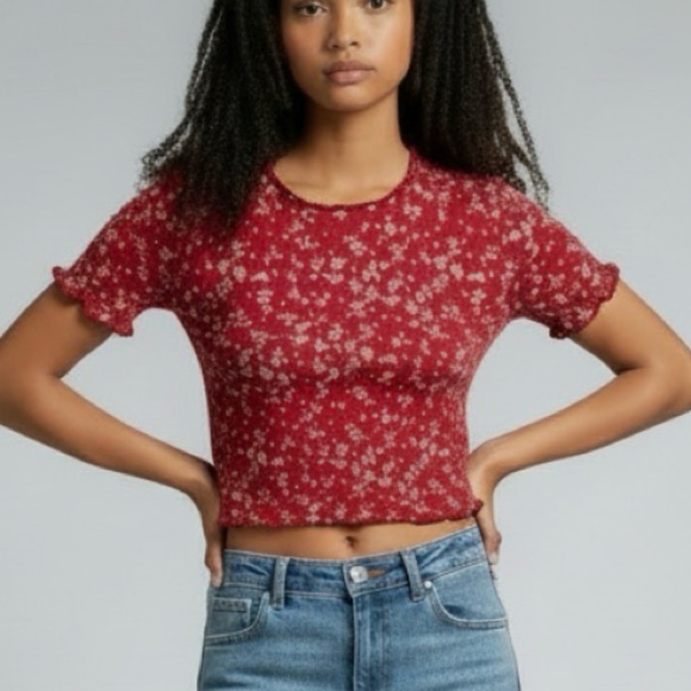 Hollister‎ Ladies XS Red Floral Y2K Retro Baby Doll Cropped Top